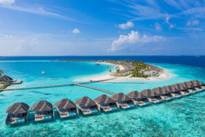 Aerial View Of Maldives Island, Luxury Water Villas Resort And W