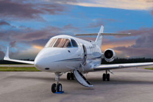 Private jet on the runway with the stair down